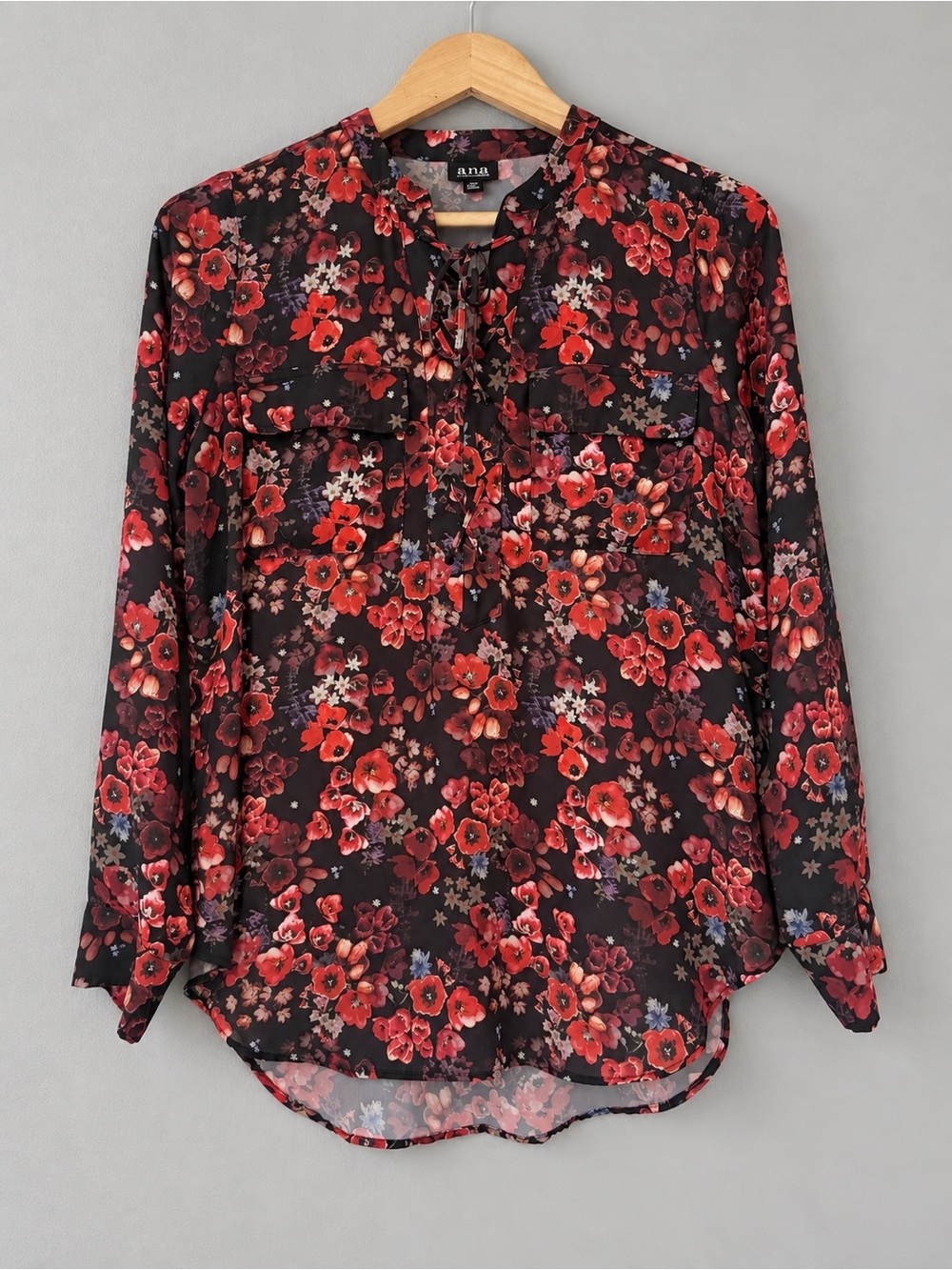 a.n.a Women’s M Black Floral Lace Up Tie Front Long Sleeve Blouse